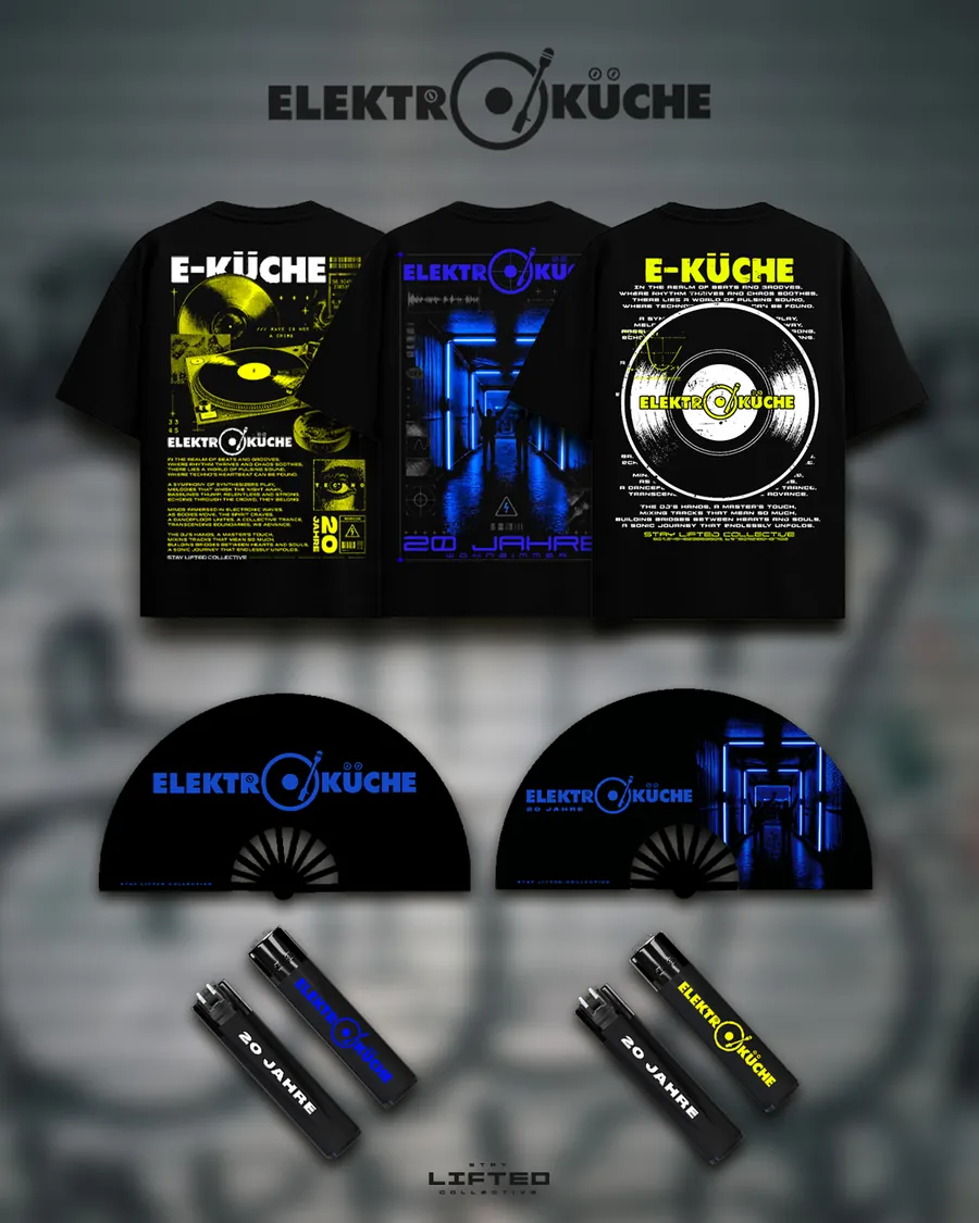 Merch-Kollektion zum 20-jährigen Jubiläum der Elektroküche Köln: Shirts, Fächer und Feuerzeuge