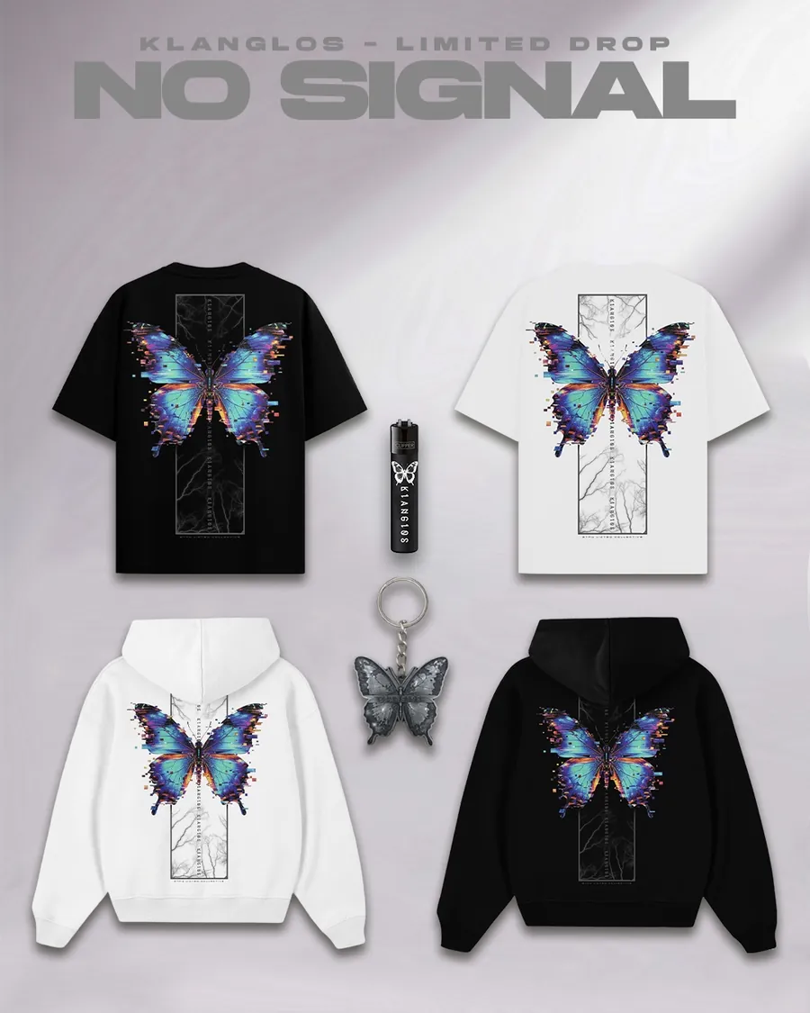 Klanglos No Signal Drop: Shirts und Hoodies mit Glitch-Schmetterling, Feuerzeug und Schlüsselanhänger