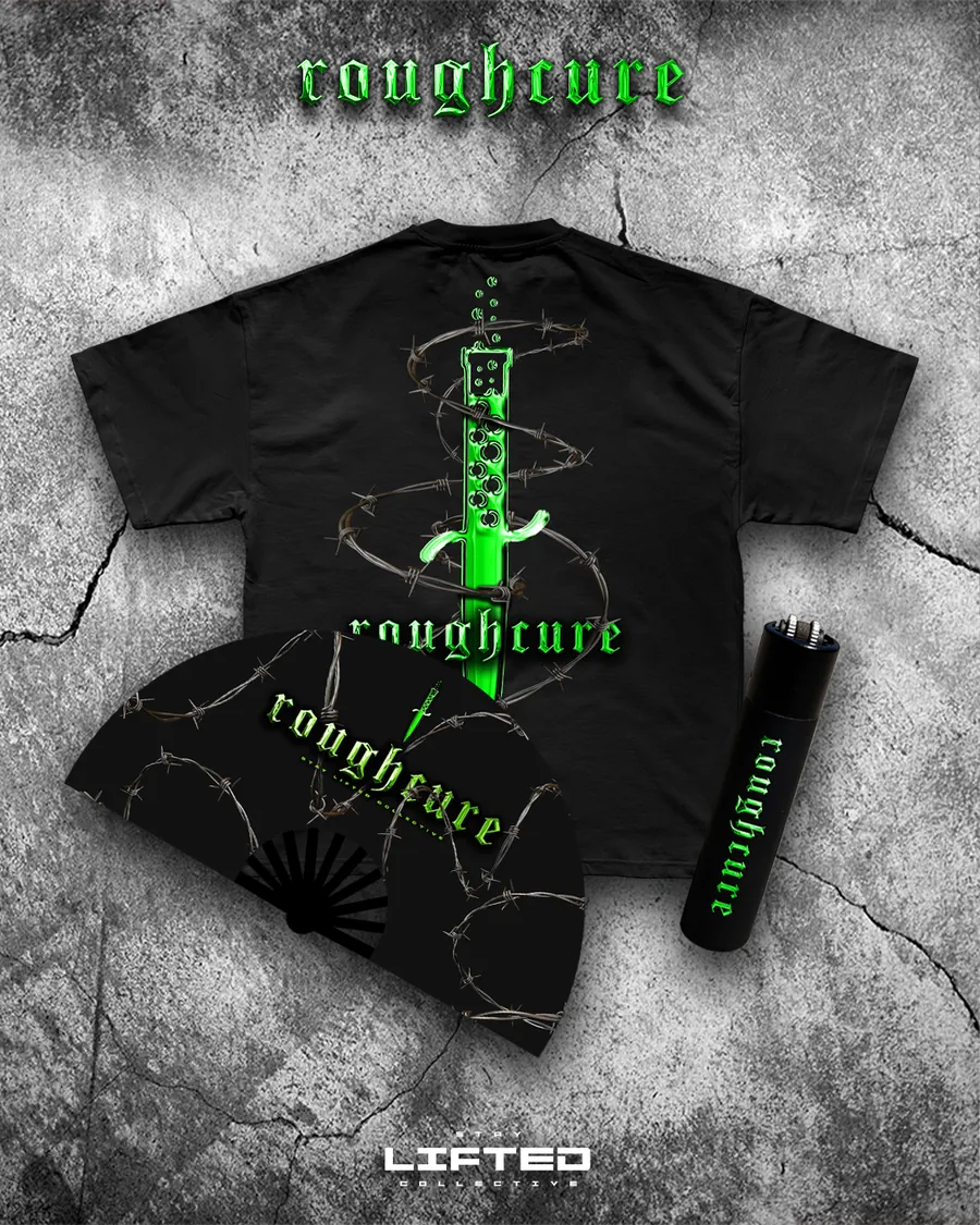 roughcure Drop: Shirt mit grünem Schwert-Artwork, Fächer und Feuerzeug